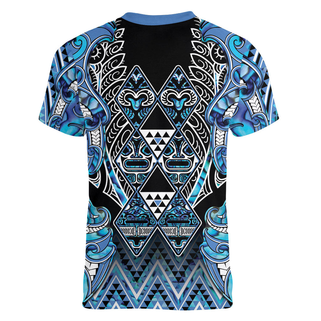 Aotearoa Ngati Porou Women V-Neck T-Shirt Maori Light Blue Tribal Paua Shell Pattern