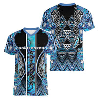 Aotearoa Ngati Porou Women V-Neck T-Shirt Maori Light Blue Tribal Paua Shell Pattern