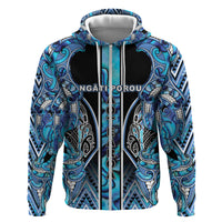 Aotearoa Ngati Porou Zip Hoodie Maori Light Blue Tribal Paua Shell Pattern