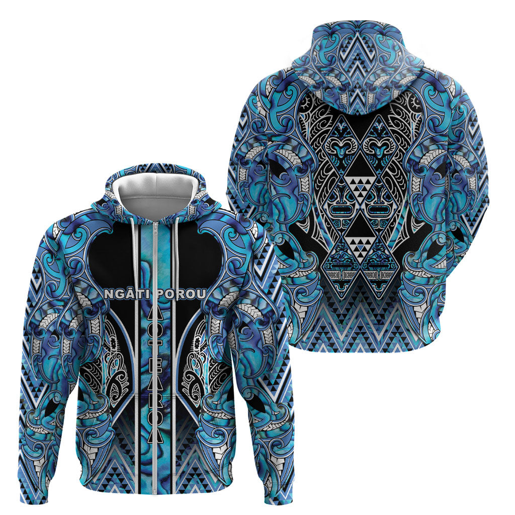 Aotearoa Ngati Porou Zip Hoodie Maori Light Blue Tribal Paua Shell Pattern