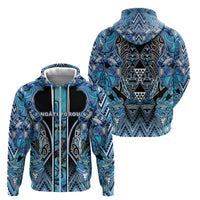 Aotearoa Ngati Porou Zip Hoodie Maori Light Blue Tribal Paua Shell Pattern