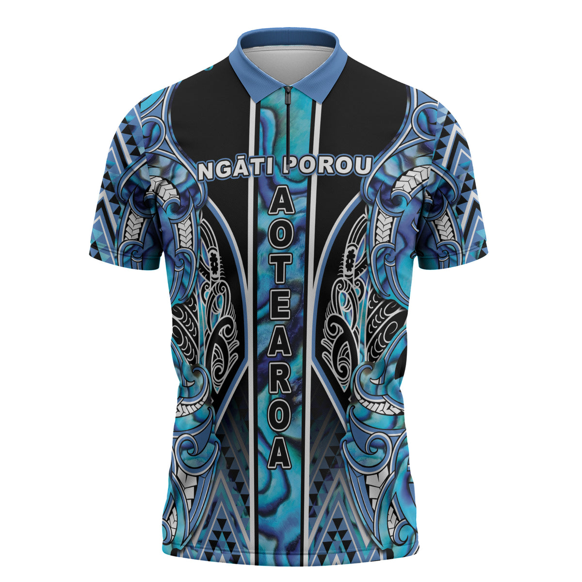 Aotearoa Ngati Porou Zipper Polo Shirt Maori Light Blue Tribal Paua Shell Pattern