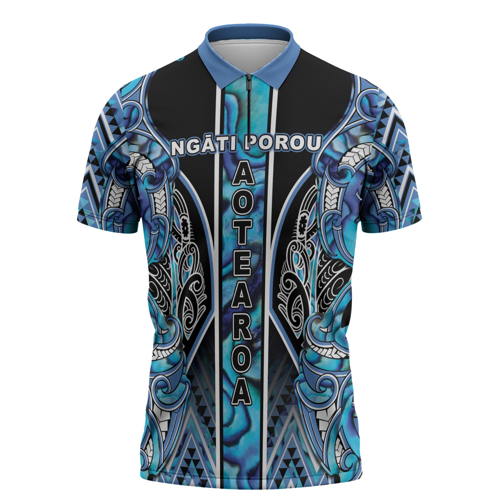 Aotearoa Ngati Porou Zipper Polo Shirt Maori Light Blue Tribal Paua Shell Pattern DT05 Blue - Polynesian Pride