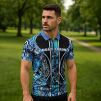 Aotearoa Ngati Porou Zipper Polo Shirt Maori Light Blue Tribal Paua Shell Pattern