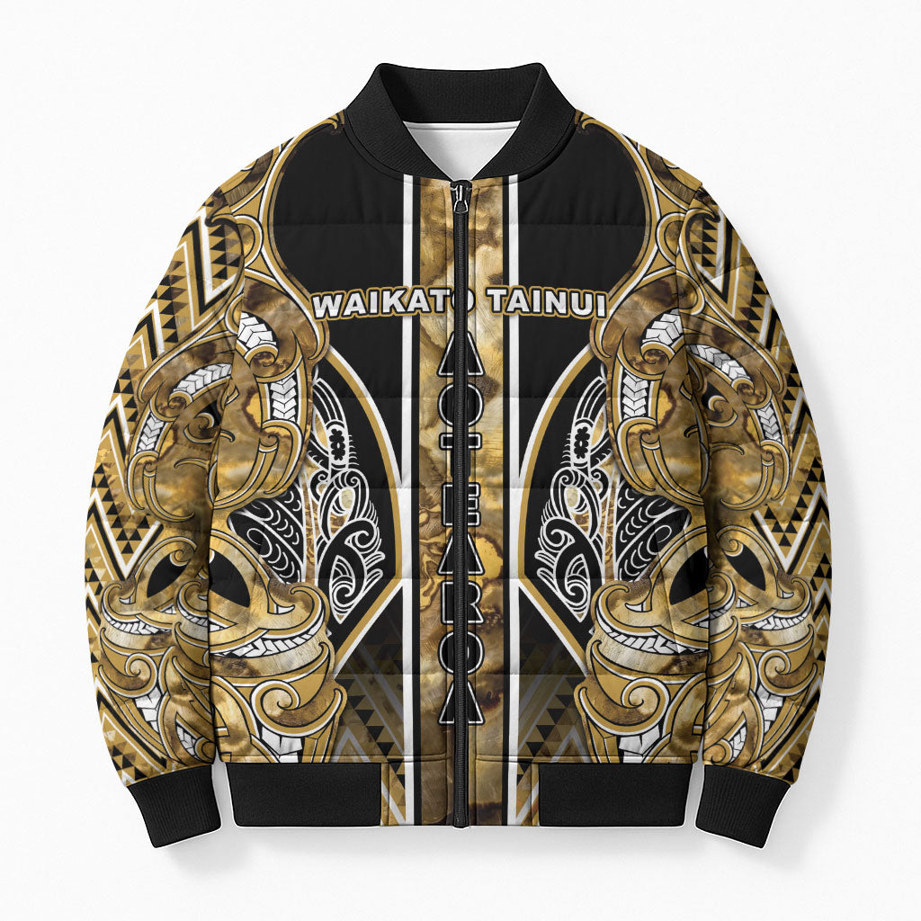 Aotearoa Waikato Tainui Bomber Puffer Jacket Maori Light Gold Tribal Paua Shell Pattern