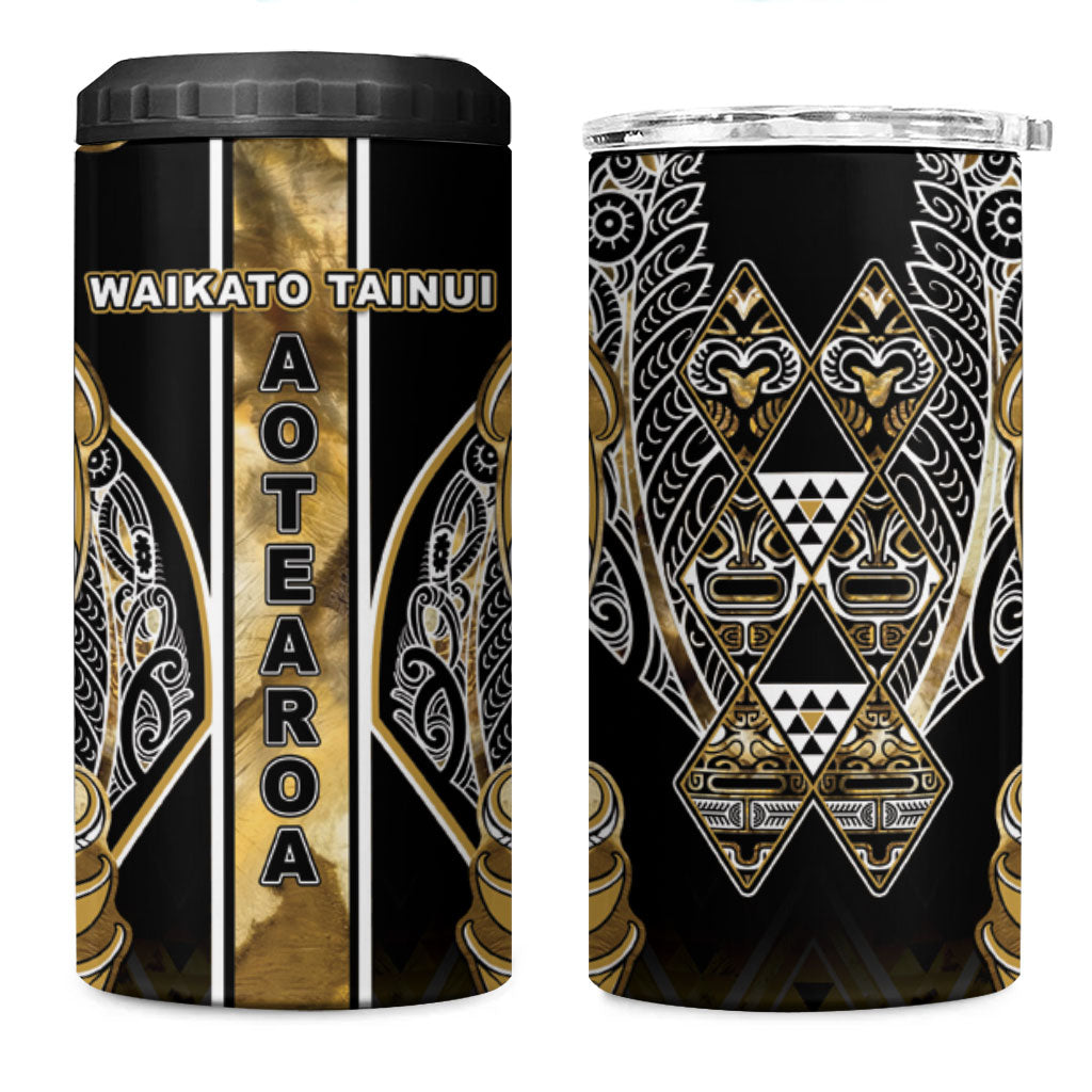 Aotearoa Waikato Tainui 4 in 1 Can Cooler Tumbler Maori Light Gold Tribal Paua Shell Pattern