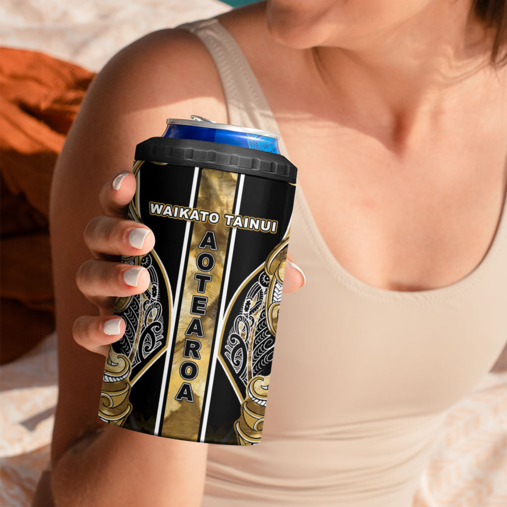 Aotearoa Waikato Tainui 4 in 1 Can Cooler Tumbler Maori Light Gold Tribal Paua Shell Pattern