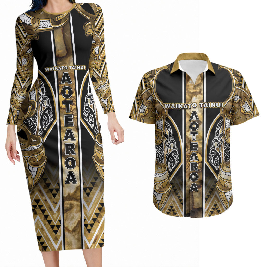 Aotearoa Waikato Tainui Couples Matching Long Sleeve Bodycon Dress and Hawaiian Shirt Maori Light Gold Tribal Paua Shell Pattern