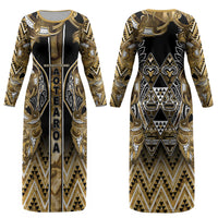Aotearoa Waikato Tainui Couples Matching Long Sleeve Bodycon Dress and Hawaiian Shirt Maori Light Gold Tribal Paua Shell Pattern