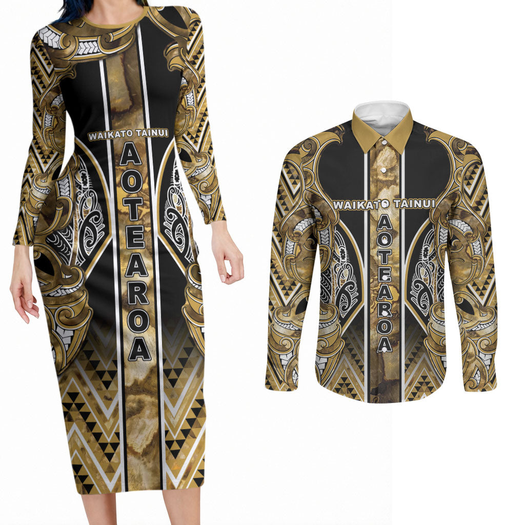 Aotearoa Waikato Tainui Couples Matching Long Sleeve Bodycon Dress and Long Sleeve Button Shirt Maori Light Gold Tribal Paua Shell Pattern DT05 Yellow - Polynesian Pride