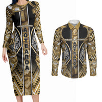 Aotearoa Waikato Tainui Couples Matching Long Sleeve Bodycon Dress and Long Sleeve Button Shirt Maori Light Gold Tribal Paua Shell Pattern