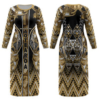 Aotearoa Waikato Tainui Couples Matching Long Sleeve Bodycon Dress and Long Sleeve Button Shirt Maori Light Gold Tribal Paua Shell Pattern