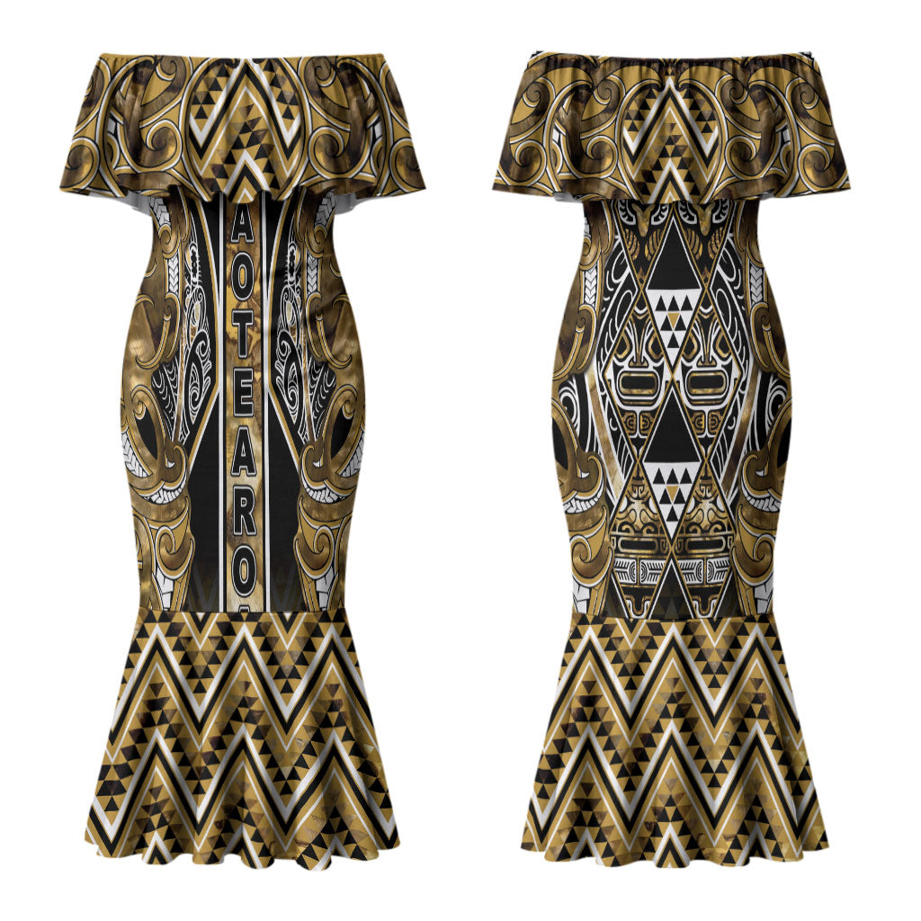 Aotearoa Waikato Tainui Couples Matching Mermaid Dress and Hawaiian Shirt Maori Light Gold Tribal Paua Shell Pattern