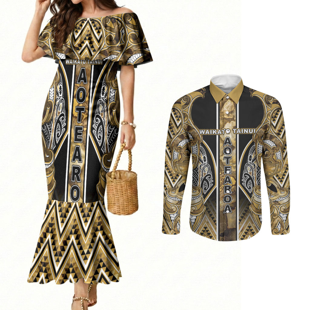 Aotearoa Waikato Tainui Couples Matching Mermaid Dress and Long Sleeve Button Shirt Maori Light Gold Tribal Paua Shell Pattern DT05 Yellow - Polynesian Pride