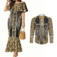 Aotearoa Waikato Tainui Couples Matching Mermaid Dress and Long Sleeve Button Shirt Maori Light Gold Tribal Paua Shell Pattern