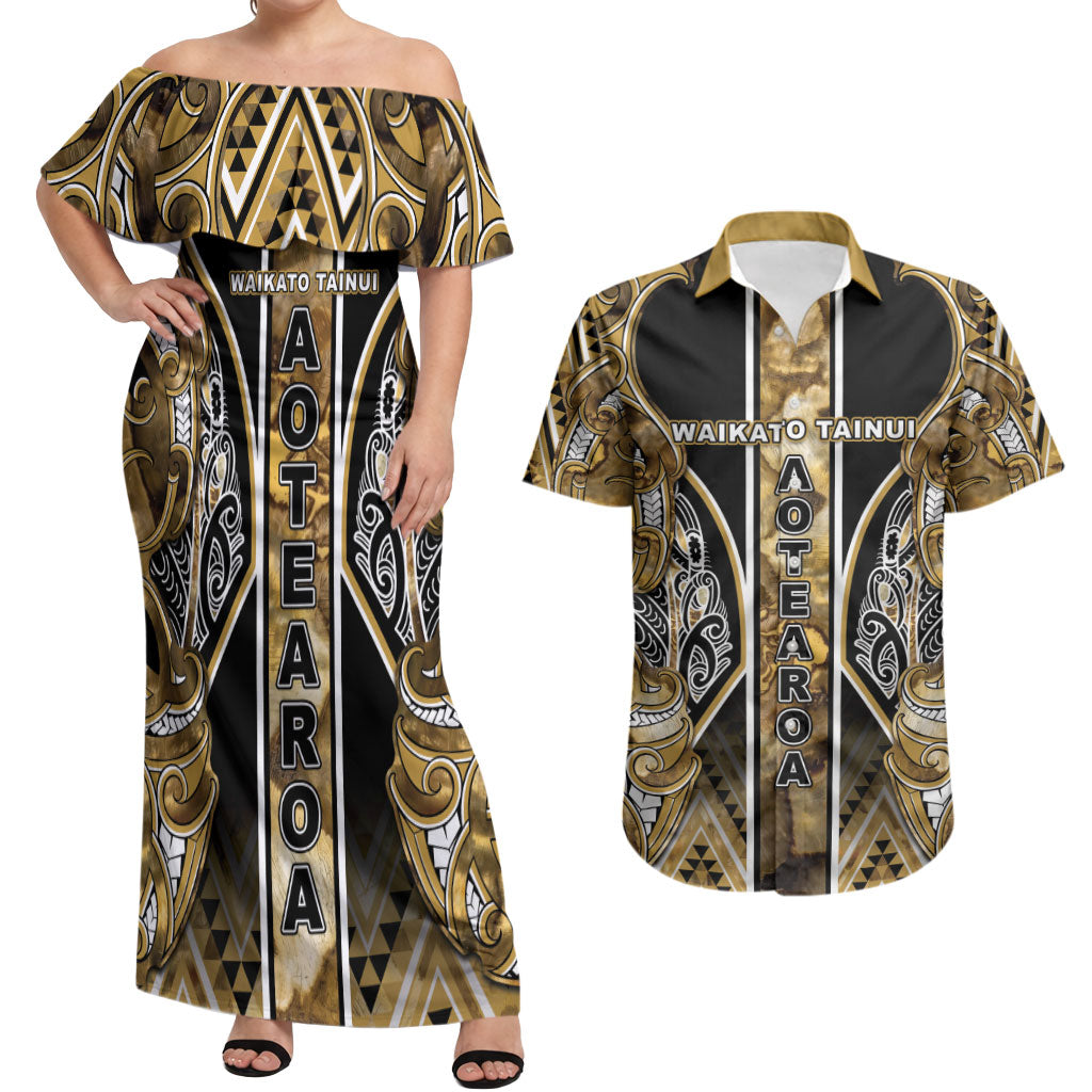 Aotearoa Waikato Tainui Couples Matching Off Shoulder Maxi Dress and Hawaiian Shirt Maori Light Gold Tribal Paua Shell Pattern