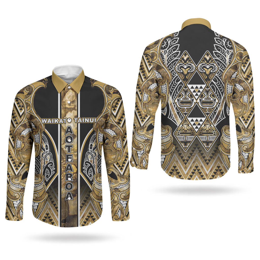Aotearoa Waikato Tainui Couples Matching Off Shoulder Maxi Dress and Long Sleeve Button Shirt Maori Light Gold Tribal Paua Shell Pattern