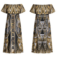 Aotearoa Waikato Tainui Couples Matching Off Shoulder Maxi Dress and Long Sleeve Button Shirt Maori Light Gold Tribal Paua Shell Pattern