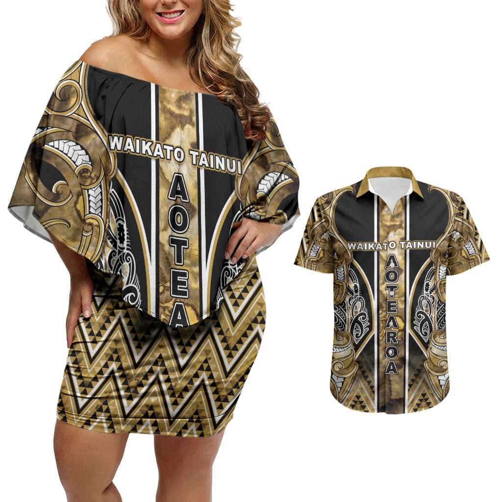 Aotearoa Waikato Tainui Couples Matching Off Shoulder Short Dress and Hawaiian Shirt Maori Light Gold Tribal Paua Shell Pattern DT05 Yellow - Polynesian Pride