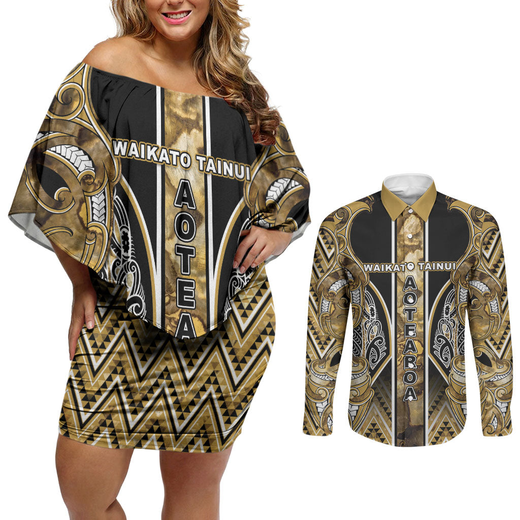 Aotearoa Waikato Tainui Couples Matching Off Shoulder Short Dress and Long Sleeve Button Shirt Maori Light Gold Tribal Paua Shell Pattern DT05 Yellow - Polynesian Pride