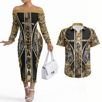 Aotearoa Waikato Tainui Couples Matching Off The Shoulder Long Sleeve Dress and Hawaiian Shirt Maori Light Gold Tribal Paua Shell Pattern