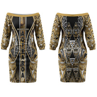 Aotearoa Waikato Tainui Couples Matching Off The Shoulder Long Sleeve Dress and Hawaiian Shirt Maori Light Gold Tribal Paua Shell Pattern
