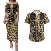 Aotearoa Waikato Tainui Couples Matching Puletasi and Hawaiian Shirt Maori Light Gold Tribal Paua Shell Pattern