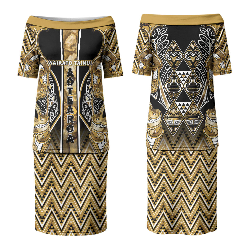 Aotearoa Waikato Tainui Couples Matching Puletasi and Hawaiian Shirt Maori Light Gold Tribal Paua Shell Pattern