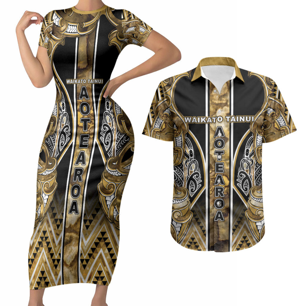 Aotearoa Waikato Tainui Couples Matching Short Sleeve Bodycon Dress and Hawaiian Shirt Maori Light Gold Tribal Paua Shell Pattern