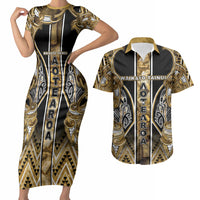 Aotearoa Waikato Tainui Couples Matching Short Sleeve Bodycon Dress and Hawaiian Shirt Maori Light Gold Tribal Paua Shell Pattern