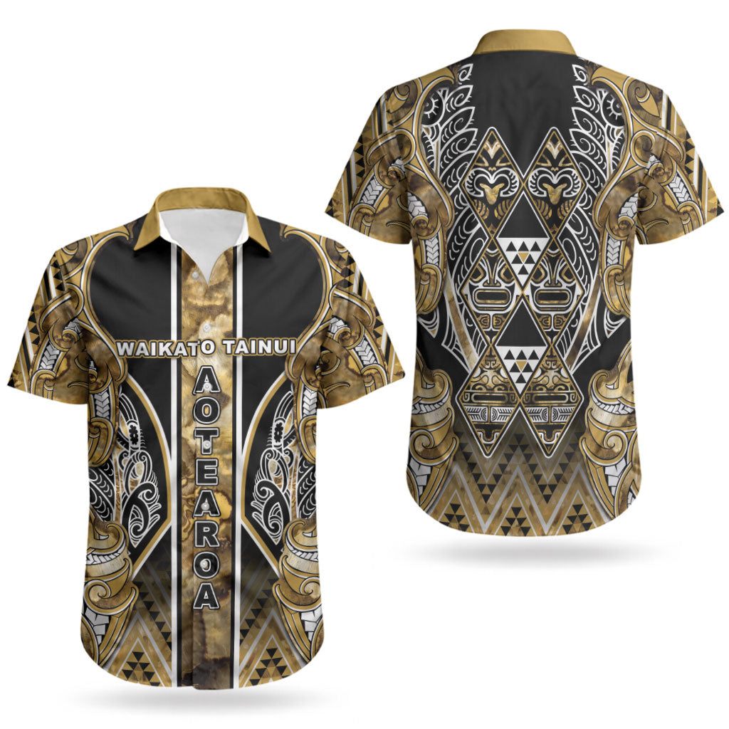 Aotearoa Waikato Tainui Couples Matching Short Sleeve Bodycon Dress and Hawaiian Shirt Maori Light Gold Tribal Paua Shell Pattern