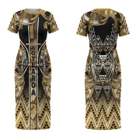 Aotearoa Waikato Tainui Couples Matching Short Sleeve Bodycon Dress and Hawaiian Shirt Maori Light Gold Tribal Paua Shell Pattern