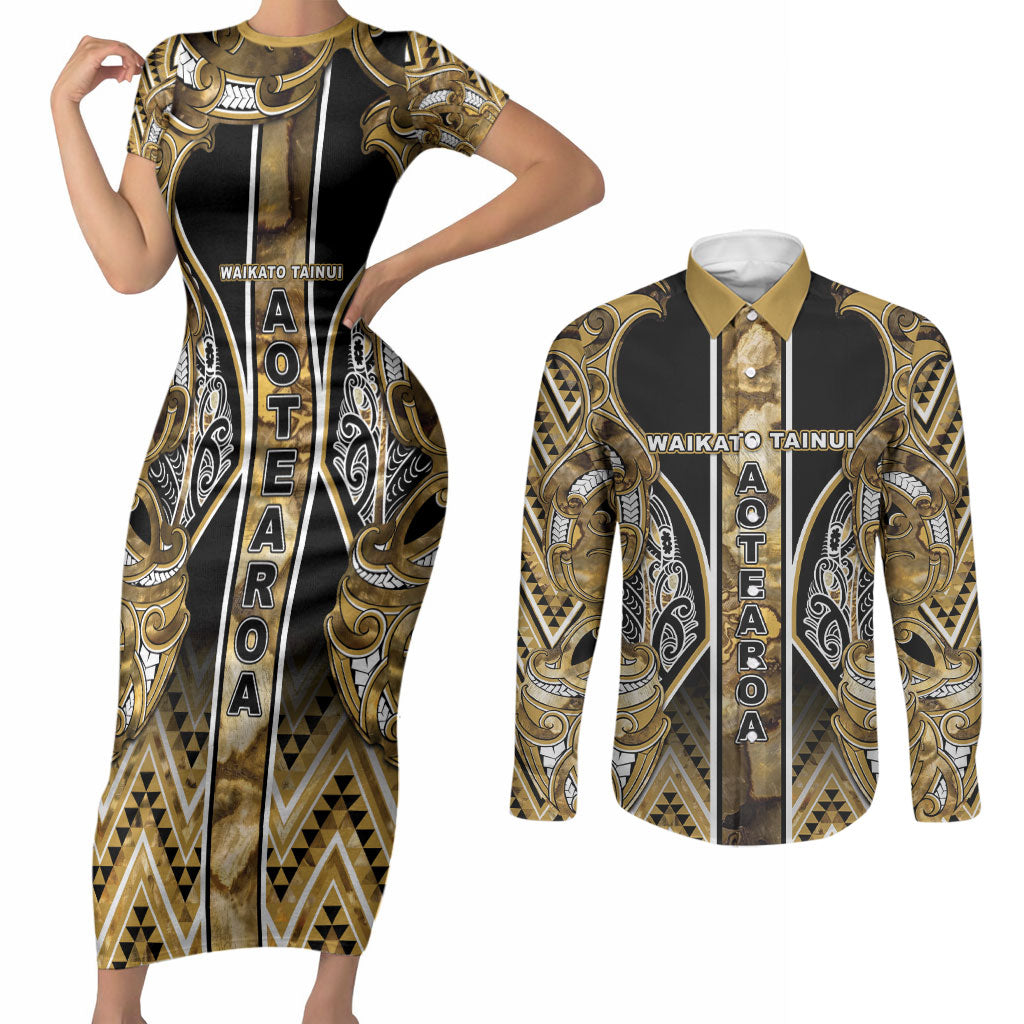Aotearoa Waikato Tainui Couples Matching Short Sleeve Bodycon Dress and Long Sleeve Button Shirt Maori Light Gold Tribal Paua Shell Pattern