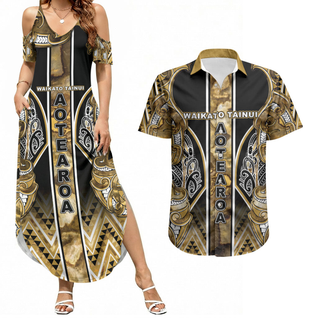Aotearoa Waikato Tainui Couples Matching Summer Maxi Dress and Hawaiian Shirt Maori Light Gold Tribal Paua Shell Pattern