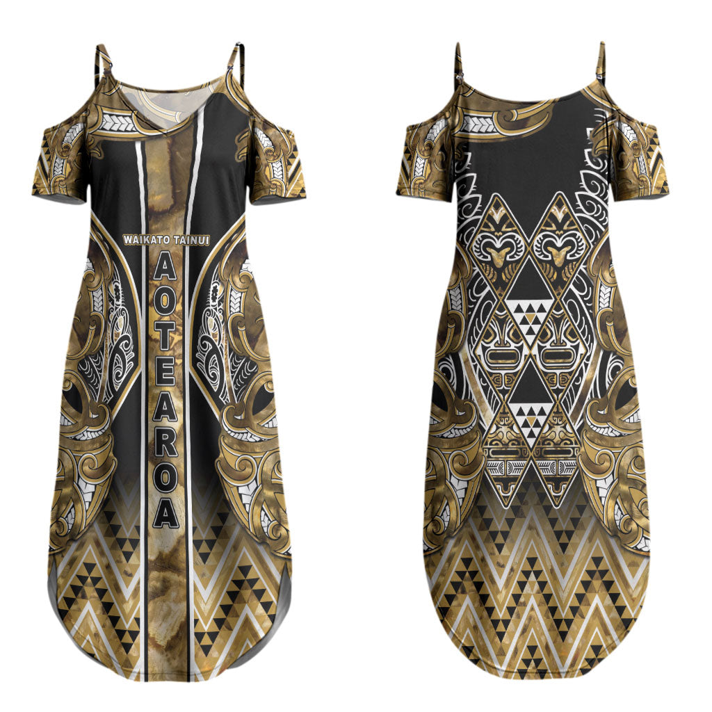 Aotearoa Waikato Tainui Couples Matching Summer Maxi Dress and Long Sleeve Button Shirt Maori Light Gold Tribal Paua Shell Pattern