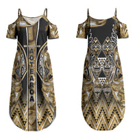 Aotearoa Waikato Tainui Couples Matching Summer Maxi Dress and Long Sleeve Button Shirt Maori Light Gold Tribal Paua Shell Pattern