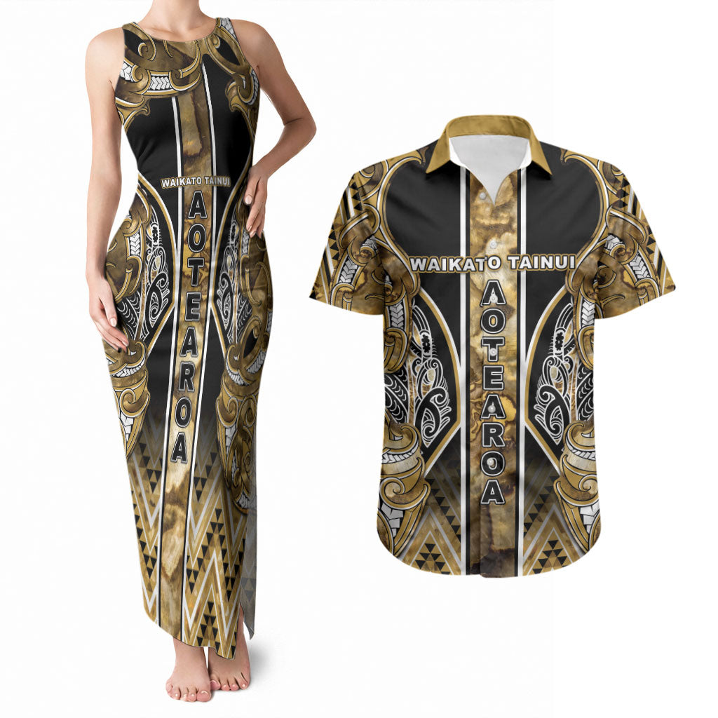 Aotearoa Waikato Tainui Couples Matching Tank Maxi Dress and Hawaiian Shirt Maori Light Gold Tribal Paua Shell Pattern