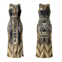 Aotearoa Waikato Tainui Couples Matching Tank Maxi Dress and Long Sleeve Button Shirt Maori Light Gold Tribal Paua Shell Pattern