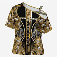 Aotearoa Waikato Tainui Cross Shoulder Shirt Maori Light Gold Tribal Paua Shell Pattern