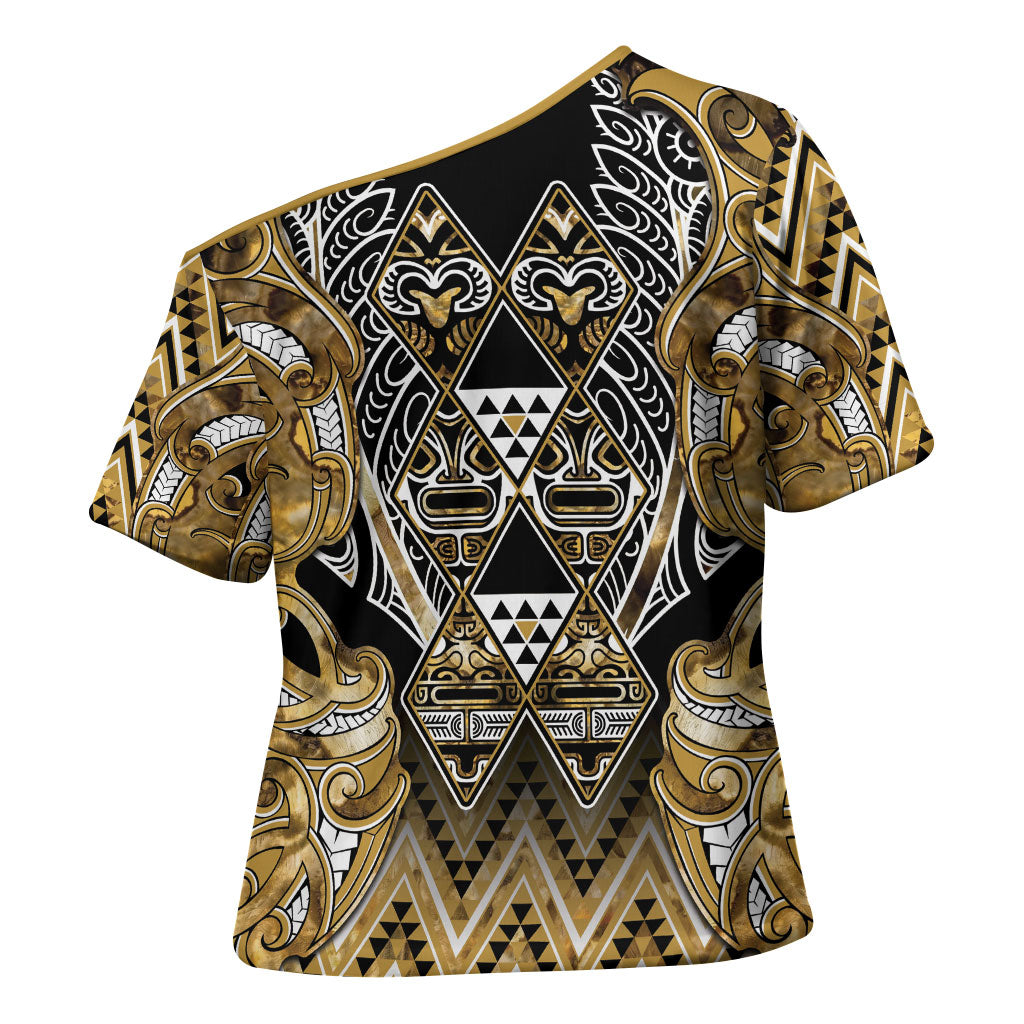 Aotearoa Waikato Tainui Cross Shoulder Shirt Maori Light Gold Tribal Paua Shell Pattern