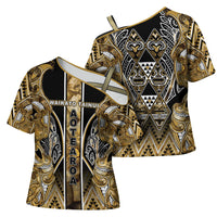 Aotearoa Waikato Tainui Cross Shoulder Shirt Maori Light Gold Tribal Paua Shell Pattern