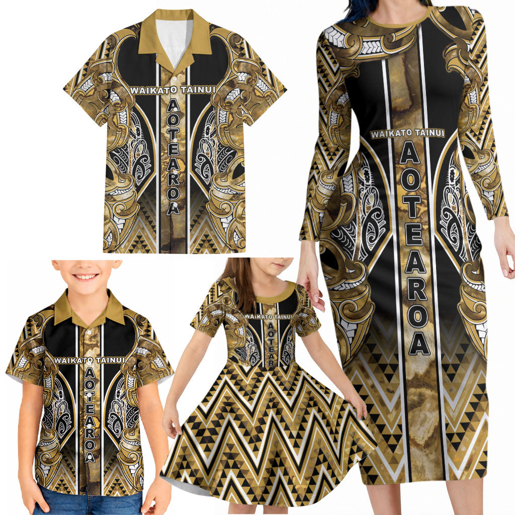 Aotearoa Waikato Tainui Family Matching Long Sleeve Bodycon Dress and Hawaiian Shirt Maori Light Gold Tribal Paua Shell Pattern DT05 - Polynesian Pride