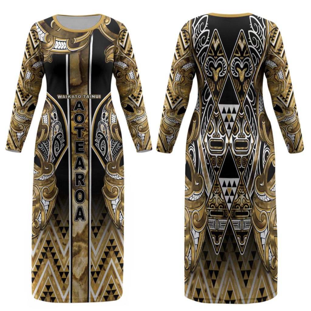 Aotearoa Waikato Tainui Family Matching Long Sleeve Bodycon Dress and Hawaiian Shirt Maori Light Gold Tribal Paua Shell Pattern