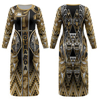 Aotearoa Waikato Tainui Family Matching Long Sleeve Bodycon Dress and Hawaiian Shirt Maori Light Gold Tribal Paua Shell Pattern