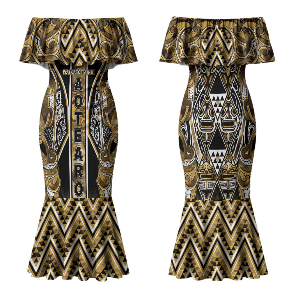 Aotearoa Waikato Tainui Family Matching Mermaid Dress and Hawaiian Shirt Maori Light Gold Tribal Paua Shell Pattern