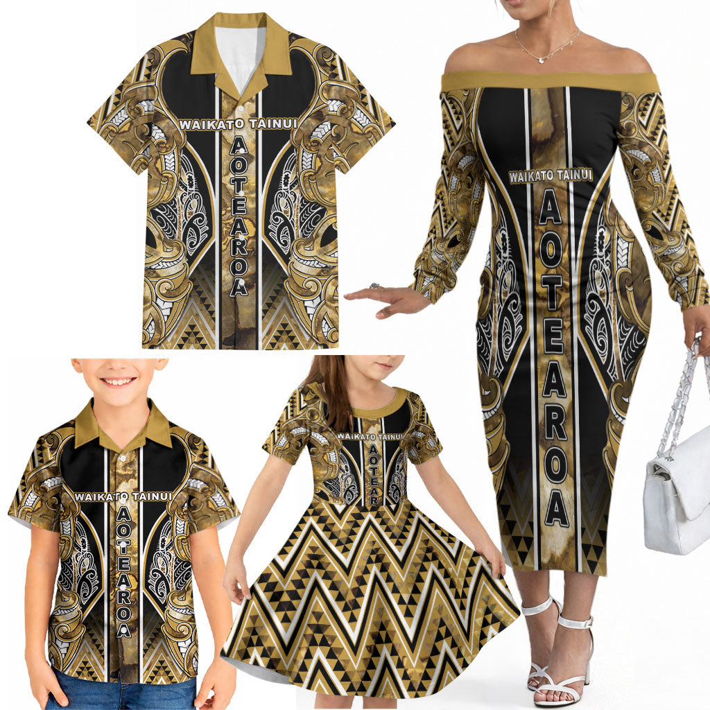 Aotearoa Waikato Tainui Family Matching Off The Shoulder Long Sleeve Dress and Hawaiian Shirt Maori Light Gold Tribal Paua Shell Pattern
