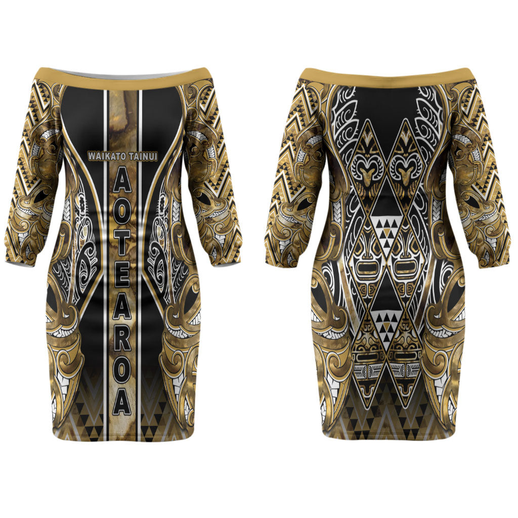 Aotearoa Waikato Tainui Family Matching Off The Shoulder Long Sleeve Dress and Hawaiian Shirt Maori Light Gold Tribal Paua Shell Pattern