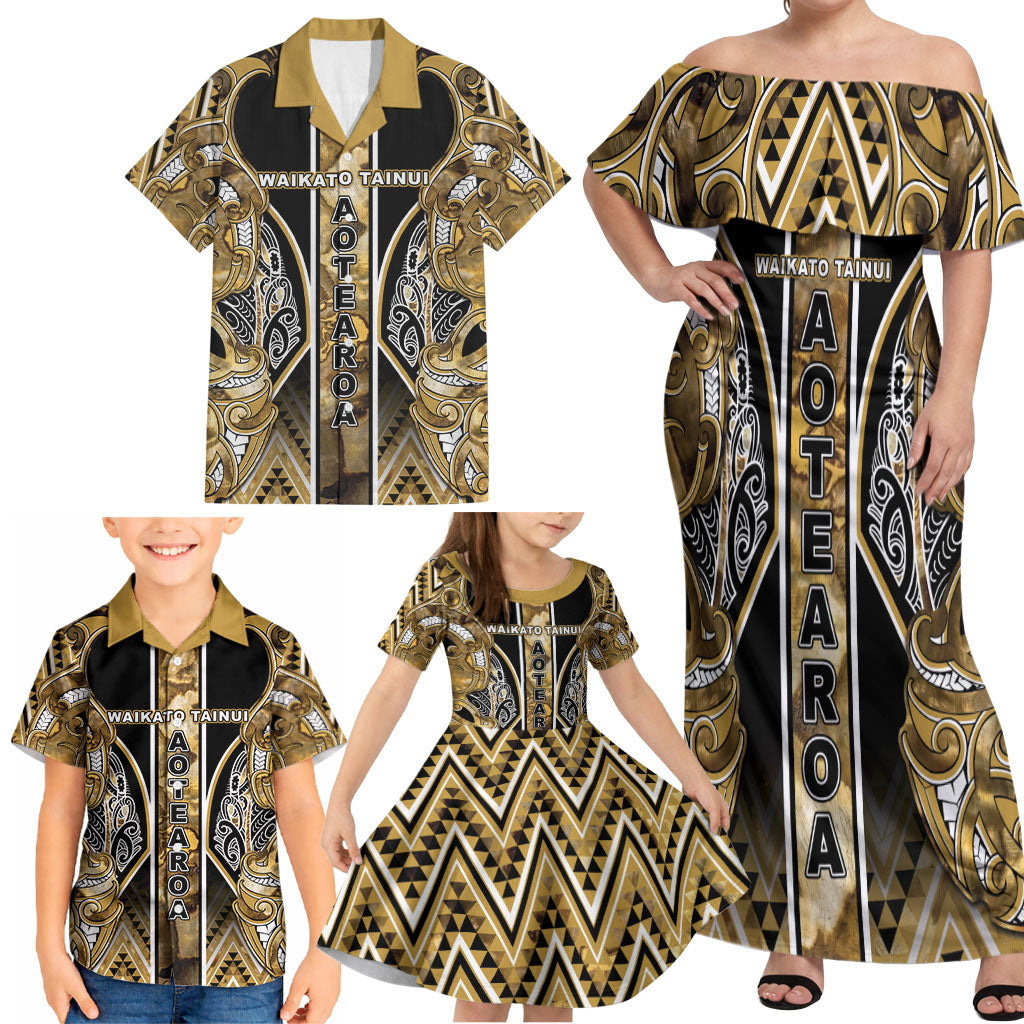 Aotearoa Waikato Tainui Family Matching Off Shoulder Maxi Dress and Hawaiian Shirt Maori Light Gold Tribal Paua Shell Pattern