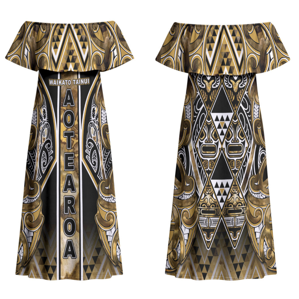 Aotearoa Waikato Tainui Family Matching Off Shoulder Maxi Dress and Hawaiian Shirt Maori Light Gold Tribal Paua Shell Pattern