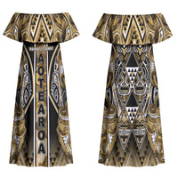 Aotearoa Waikato Tainui Family Matching Off Shoulder Maxi Dress and Hawaiian Shirt Maori Light Gold Tribal Paua Shell Pattern